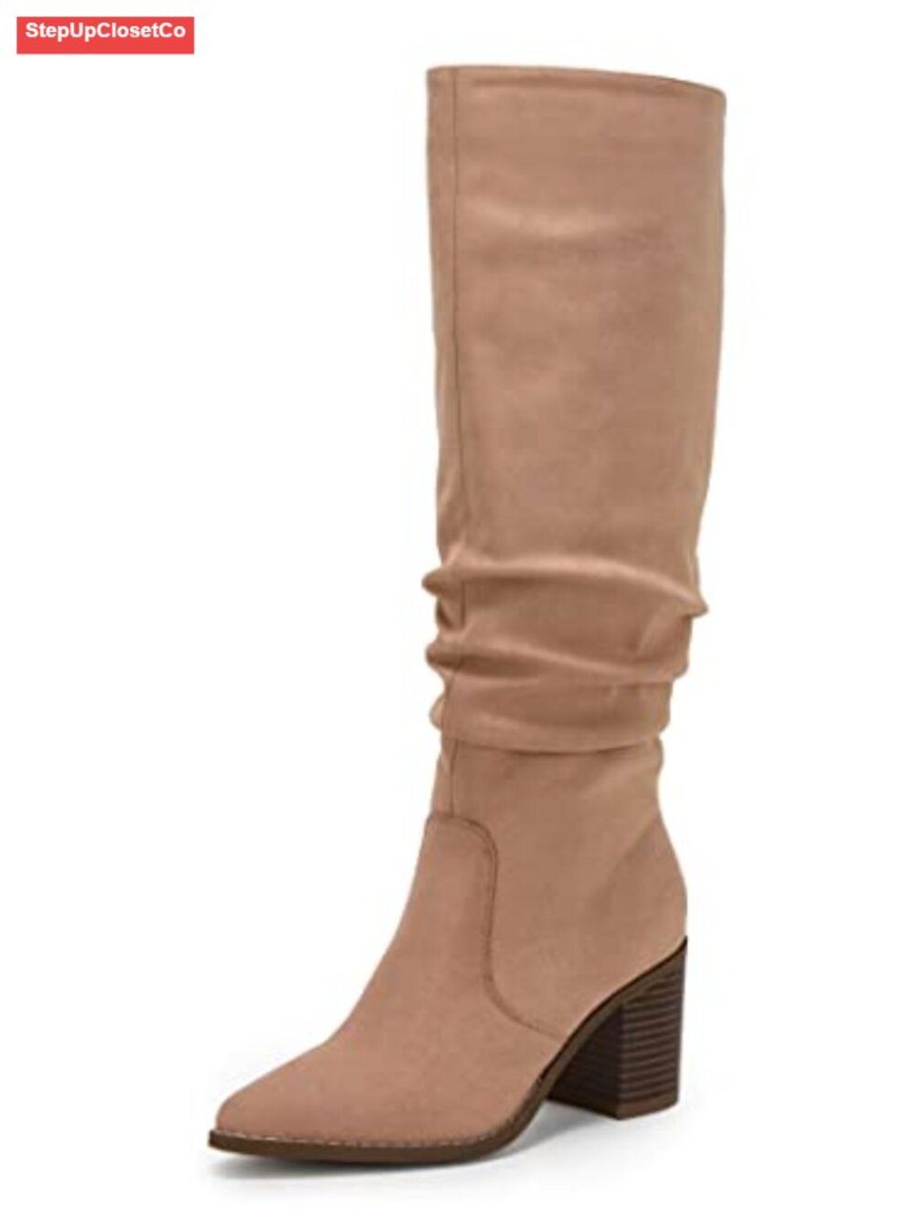 Pointed Toe Mid Chunky Heel Side Zipper Knee High Boots Faux Suede Wide Calf